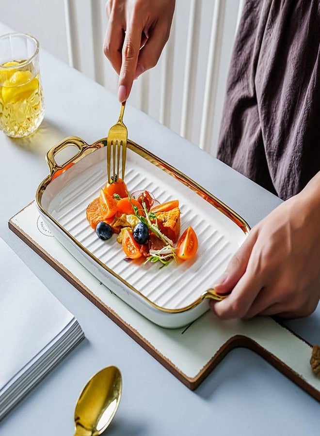 Beyond Homes Ceramic Serving Platter with Handles, 12 Inch | Rectangular Ceramic Snack Tray with Gold Rim | Microwave & Dishwasher Safe Platter for Starters, Appetizers & Dining Table (White Gold) - Image 1