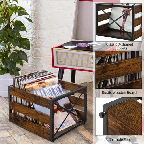 YINMIT Vinyl Record Storage, Large LP Vinyl Record Storage Crate, Metal & Wooden Record Holder, Cube Record Organizer Box, Holds up to 80+ Records - Image 3