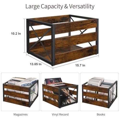 YINMIT Vinyl Record Storage, Large LP Vinyl Record Storage Crate, Metal & Wooden Record Holder, Cube Record Organizer Box, Holds up to 80+ Records - Image 5