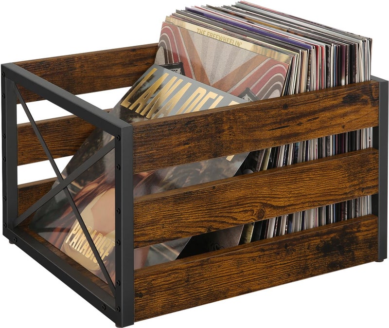 YINMIT Vinyl Record Storage, Large LP Vinyl Record Storage Crate, Metal & Wooden Record Holder, Cube Record Organizer Box, Holds up to 80+ Records - Image 1