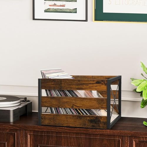 YINMIT Vinyl Record Storage, Large LP Vinyl Record Storage Crate, Metal & Wooden Record Holder, Cube Record Organizer Box, Holds up to 80+ Records - Image 2