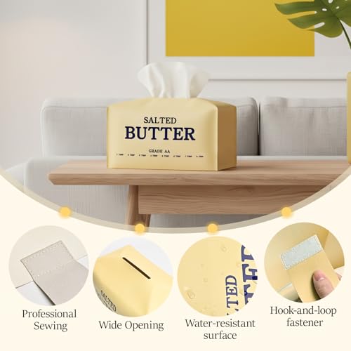 MSJGA Butter Tissue Box Cover, Rectangular PU Leather Tissue Box Holder with Bottom Belt Decorative Organizer for Bedroom, Bathroom, Vanity Desk, Nightstand, Tabletop, Car, Office - Image 4