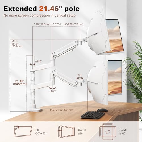 PUTORSEN Dual Monitor-Arm Heavy-Duty for 17-49-inch Screens - Vertical Stacked Dual Monitor Mount Stand for Ultrawide Screens up to 44lbs, Aluminum,Full Motion, VESA 75/100 mm, White - Image 4