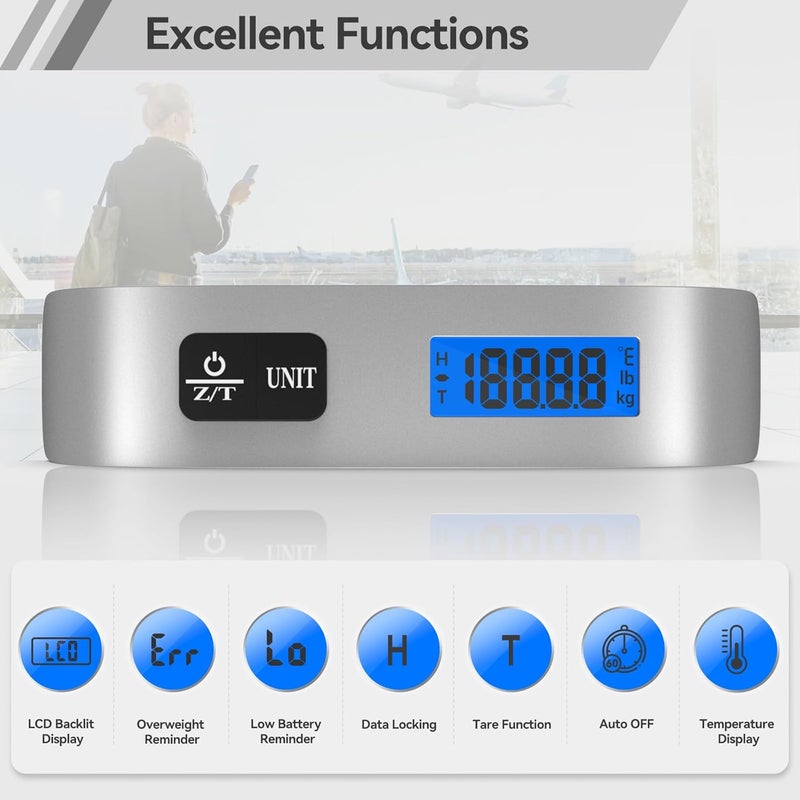 Dr.Meter Luggage Scale Travel Essentials Luggage Weight Scale Backlight LCD Display 110lb/50kg Electronic Balance Digital Postal Travel Accessories with Rubber Paint Handle Temperature Sensor Silver - Image 2