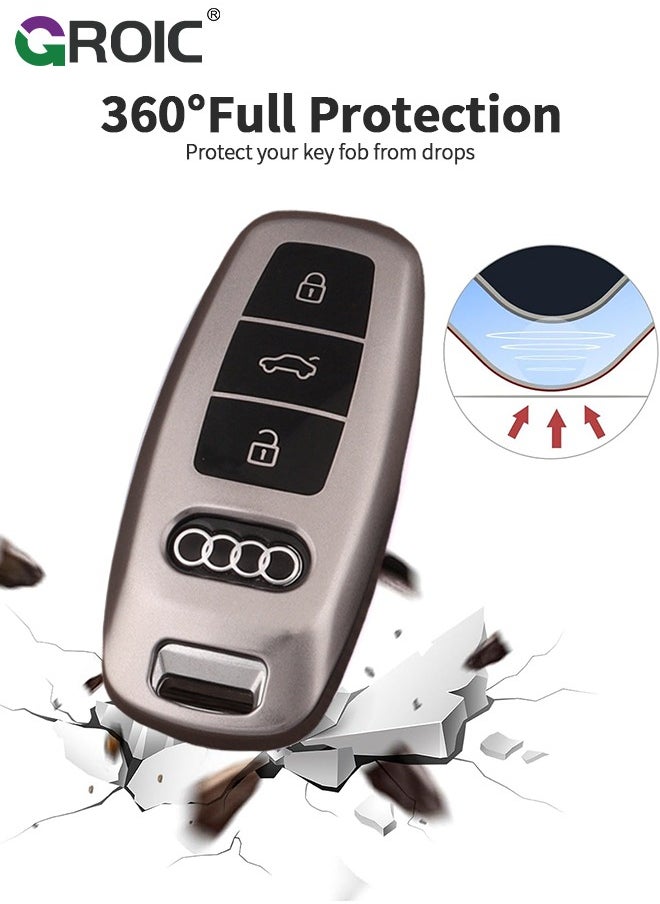 For Audi Key Fob Cover with with Keychain, Metallic Gray Car Key Shell Case for Audi RS3 A3 A6L A6 A7 A8 Q4 Q7 Q8 S6 SQ7 RS6 S7 RS7, Audi Accessories Protector Case Keychain Key Holder Key Cover (D)