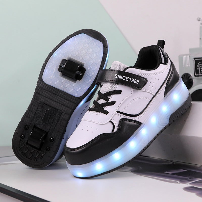 Generic Autumn and Winter new four-wheel walking shoes boys and girls walking roller skating shoes high-looking campus students with four-wheel shoes 1988 black two-wheel charging cross-border