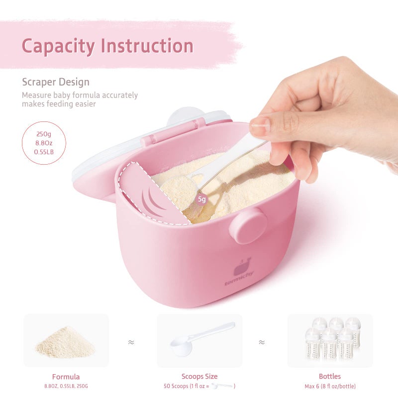 Termichy Baby Formula Dispenser, Portable Milk Powder Dispenser Container with Carry Handle and Scoop for Travel Outdoor Activities with Baby Infant, 8.8OZ, 0.55LB, 250g (Light Pink) - Image 2