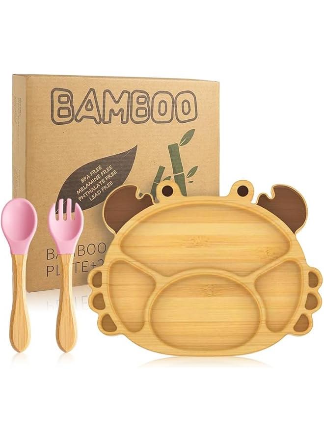 Bamboo Suction Plates Set for Baby,Toddler Divided Platter Food bowl with Silicone Fork  Spoon,All-Natural Baby Feeding Set for Baby-Led Weaning, Cute Crab Shape Non-Slip Design