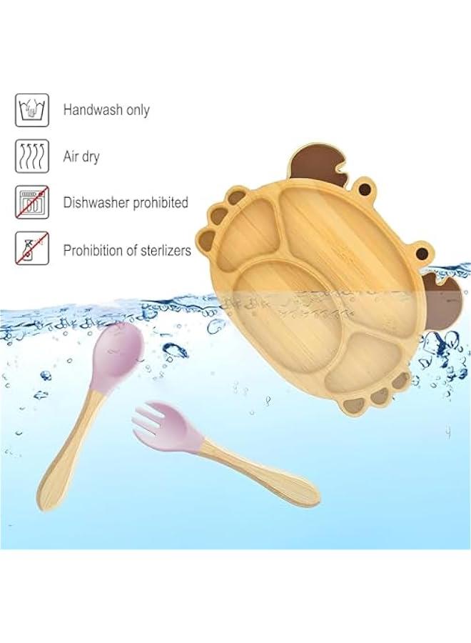 Bamboo Suction Plates Set for Baby,Toddler Divided Platter Food bowl with Silicone Fork  Spoon,All-Natural Baby Feeding Set for Baby-Led Weaning, Cute Crab Shape Non-Slip Design - Image 3