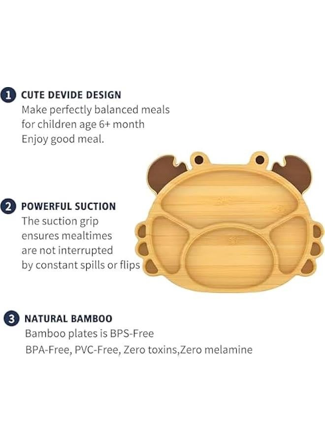 Bamboo Suction Plates Set for Baby,Toddler Divided Platter Food bowl with Silicone Fork  Spoon,All-Natural Baby Feeding Set for Baby-Led Weaning, Cute Crab Shape Non-Slip Design - Image 4