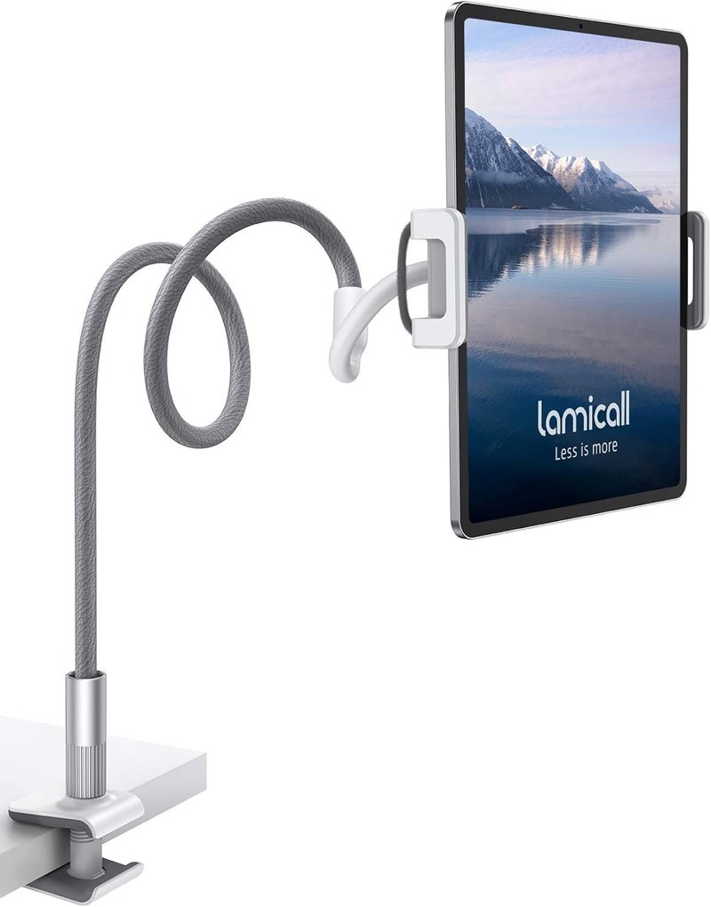 Lamicall Gooseneck Tablet Holder, Tablet Stand : Flexible Arm Clip Tablet Mount Compatible with iPad mini Pro Air, Kindle, Switch, Galaxy Tabs, More 4.7-10.5" Devices - Gray - Image 1