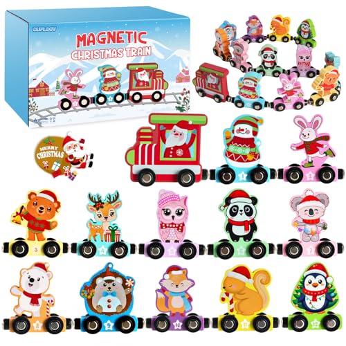 CUPLOOV Christmas Train Set for Toddlers Magnetic Wooden Animals Train Set Sensory Toys for Kids Number Learning Activities Montessori Animals and Color Learning Toys for Holiday Xmas Gifts - Image 1