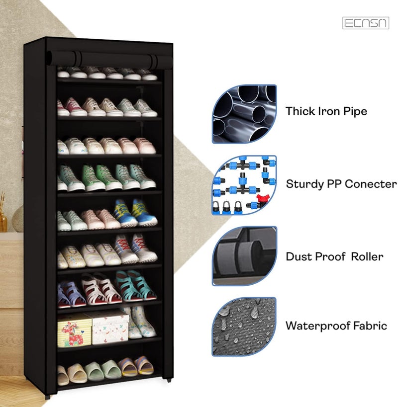 ECASA ™ Shoe Rack Organizer Storage with Dustproof Cover - 10-Tier Free Standing Shoe Racks Cabinet for Closets,Shoe Stand,Shoe Shelf Storage (Black) - Image 4