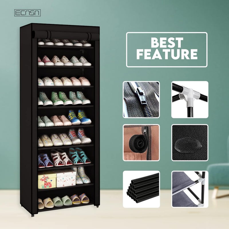 ECASA ™ Shoe Rack Organizer Storage with Dustproof Cover - 10-Tier Free Standing Shoe Racks Cabinet for Closets,Shoe Stand,Shoe Shelf Storage (Black) - Image 2