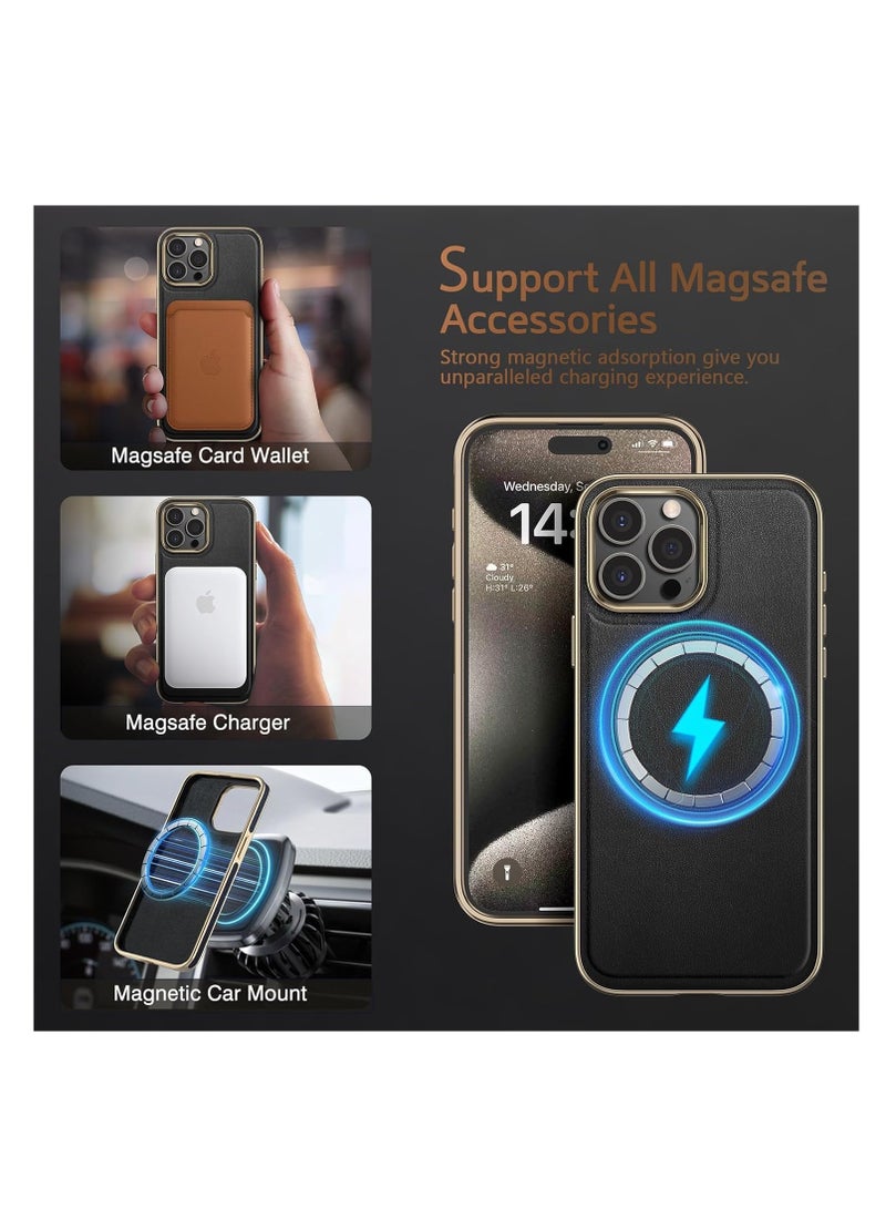 Aookay For iPhone 16 Pro Case, Compatible with Magsafe Premium Leather with Microfiber Lining Business Classic Cover Soft Grip Shockproof Magnetic Cases for iPhone 16 Pro (Black) - Image 4