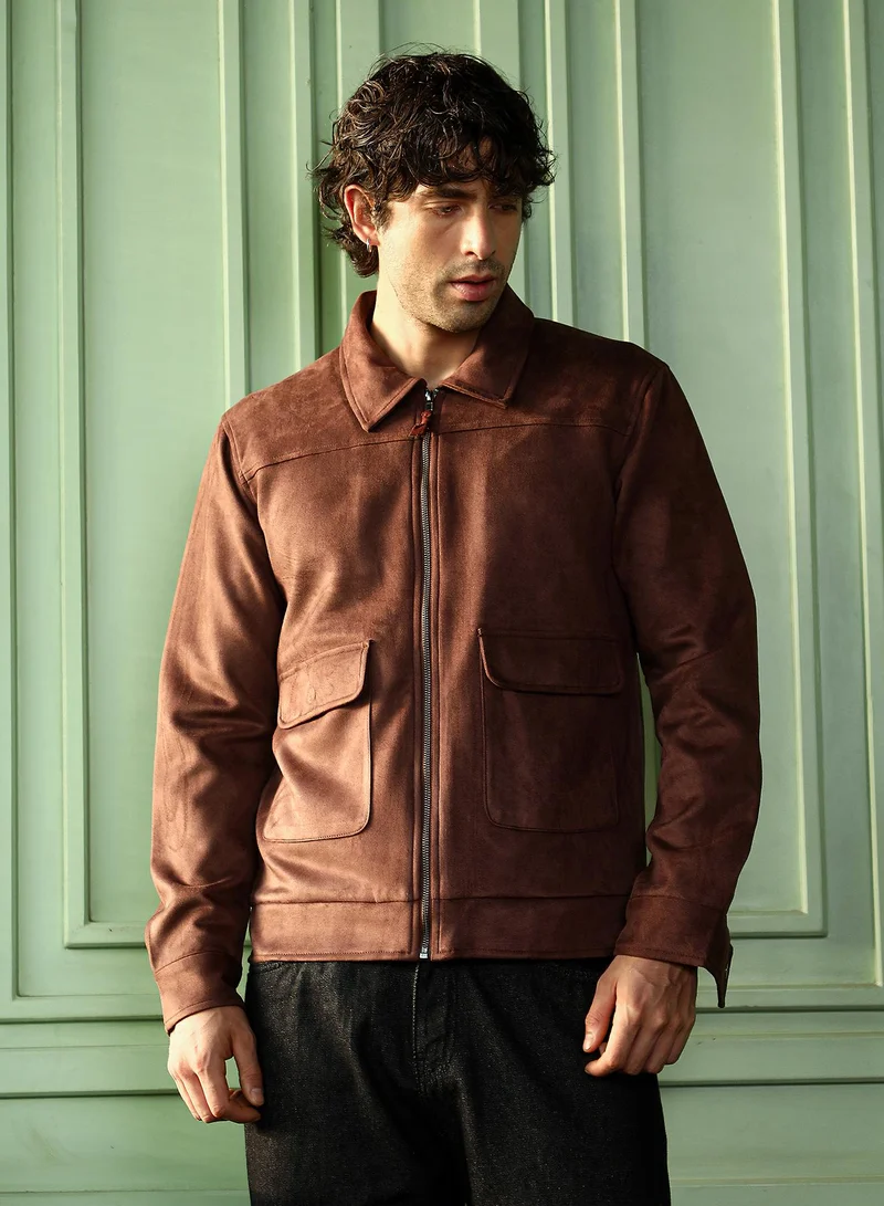 كامبوس سوترا Men Suede Zip-Front Jacket | Point Collar, Long Button-Cuff Sleeves | Zipper , Band-Straight Hem | Solid Textured | Woven Fabric For Casual & Daily Wear | Chocolate Brown