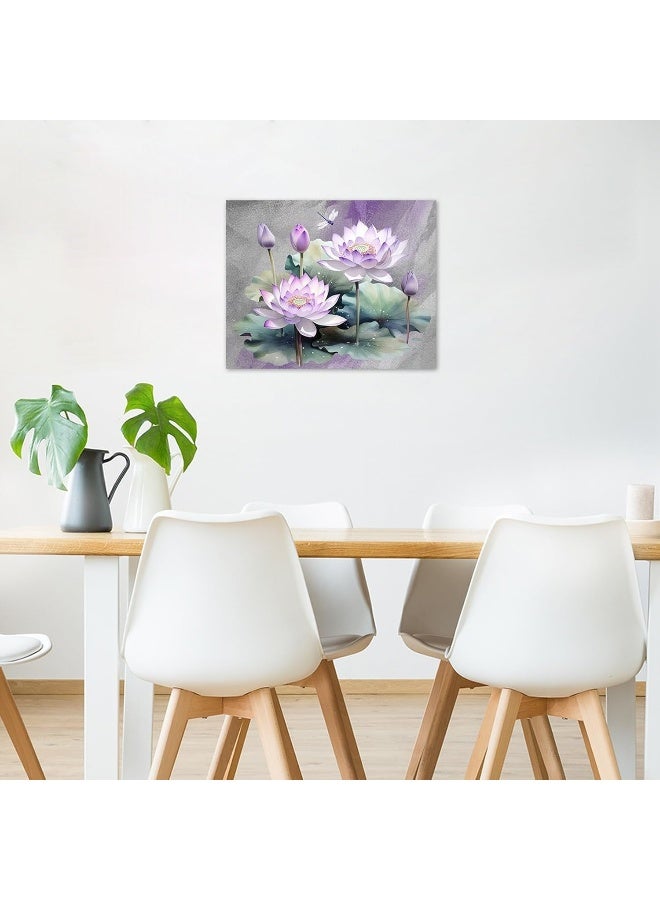 HVEST Zen Floral Canvas Wall Art Purple Water Lily Flower with Green Leaf Plant and Dragonfly Wall Art for Living Room, Nature Botanical Framed Wall Art Bedroom Bathroom Wall Decor, 16L x 20W inches - Image 3