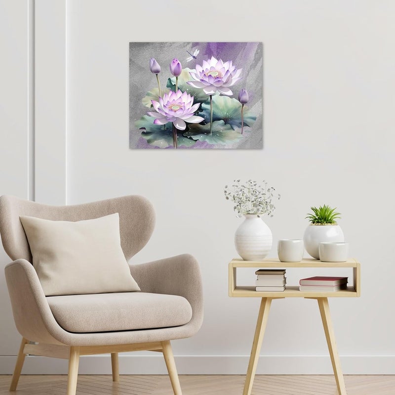 HVEST Zen Floral Canvas Wall Art Purple Water Lily Flower with Green Leaf Plant and Dragonfly Wall Art for Living Room, Nature Botanical Framed Wall Art Bedroom Bathroom Wall Decor, 16L x 20W inches - Image 4