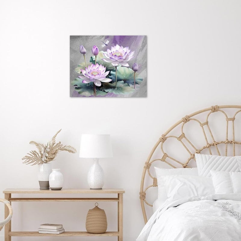 HVEST Zen Floral Canvas Wall Art Purple Water Lily Flower with Green Leaf Plant and Dragonfly Wall Art for Living Room, Nature Botanical Framed Wall Art Bedroom Bathroom Wall Decor, 16L x 20W inches - Image 5