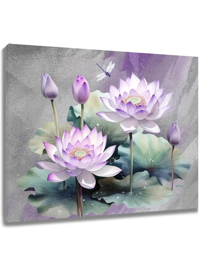 HVEST Zen Floral Canvas Wall Art Purple Water Lily Flower with Green Leaf Plant and Dragonfly Wall Art for Living Room, Nature Botanical Framed Wall Art Bedroom Bathroom Wall Decor, 16L x 20W inches - Image 1
