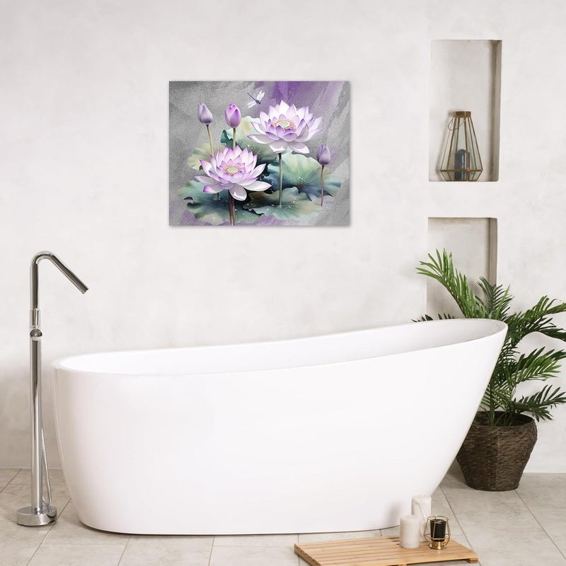 HVEST Zen Floral Canvas Wall Art Purple Water Lily Flower with Green Leaf Plant and Dragonfly Wall Art for Living Room, Nature Botanical Framed Wall Art Bedroom Bathroom Wall Decor, 16L x 20W inches - Image 2