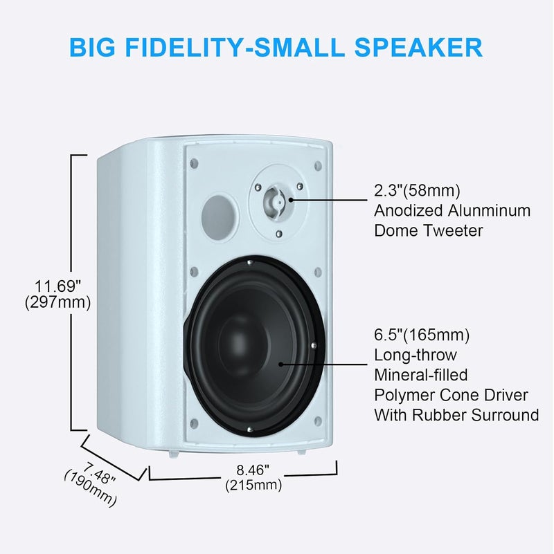 Herdio 6.5 Inch 400W Indoor Outdoor Speakers Wired Waterproof Passive with Powerful Bass,Wall Mount Speakers for Patio Garage Covered Deck,All-Weather Durability(Pair,White) - Image 2