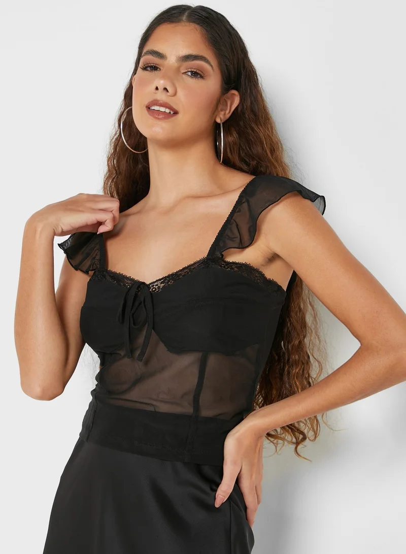 Topshop Petite Lace Trim Mesh Detail Top