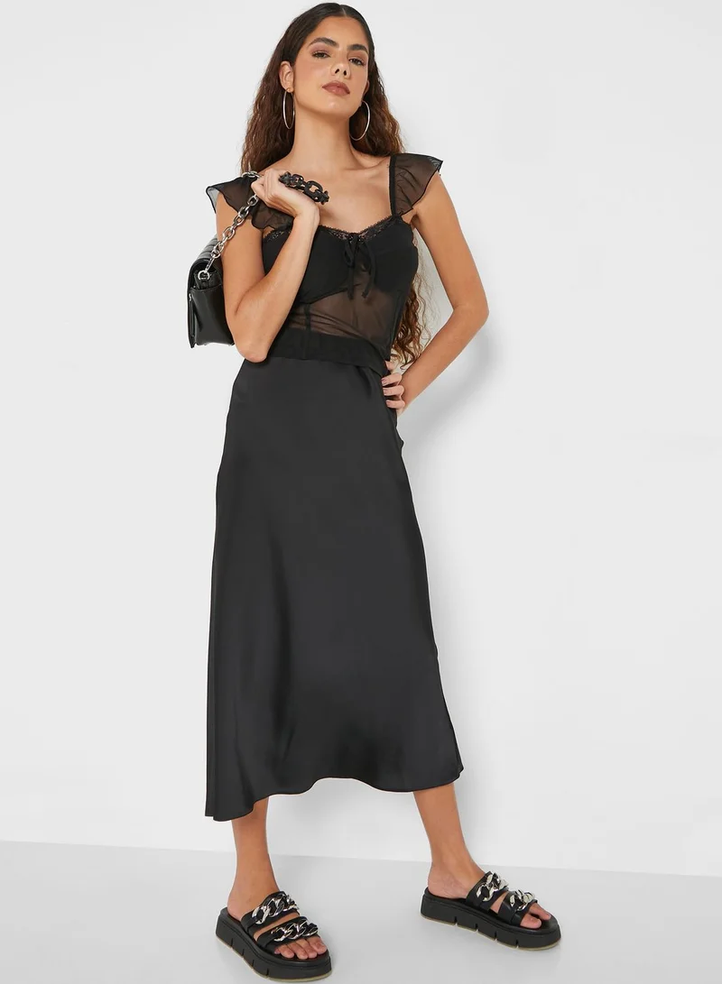 Topshop Petite Lace Trim Mesh Detail Top