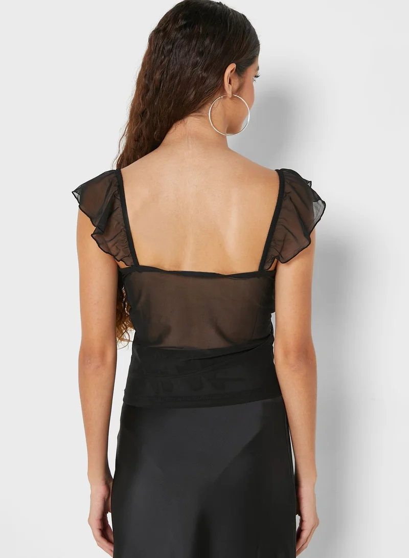 Topshop Petite Lace Trim Mesh Detail Top