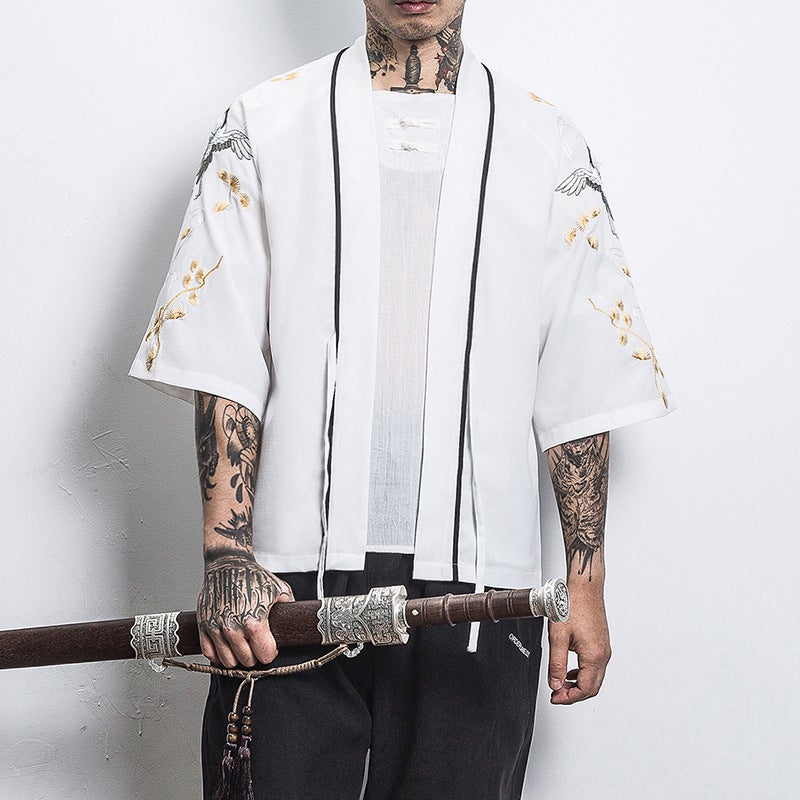 Chinese Style Shirt Mens Loose Cardigan Robe Japanese Style Dragon and Phoenix Crane Embroidery Seven-point Sleeve Hanfu Thin Coat 208 White 