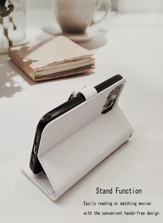 أوميو جراب محفظة فاخر من أوميو لهاتف آيفون 13 برو ماكس، مزين بالترتر اللامع وحامل بطاقات مرصع بالألماس مع حامل، فيونكة كريستالية براقة، مقاوم للصدمات، مانع للانزلاق، غطاء قلاب أنيق للنساء والفتيات، لون أبيض - Image 3