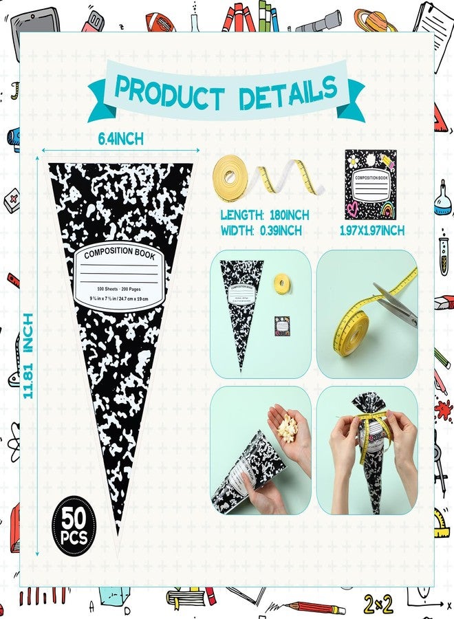 Tenceur 50 Pack 2026 Plastic Popcorn Bags Composition Notebook Cone Shaped Treat Bags End of Years Teacher Gift Bag for Preschool Kindergarten Graduation Back to School Classroom Teacher Appreciation - Image 2
