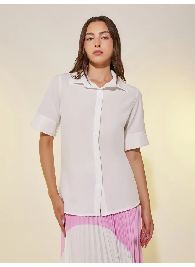 تايك تو Take Two Solid Slit Cuffed Short Sleeve Regular Fit Shirt