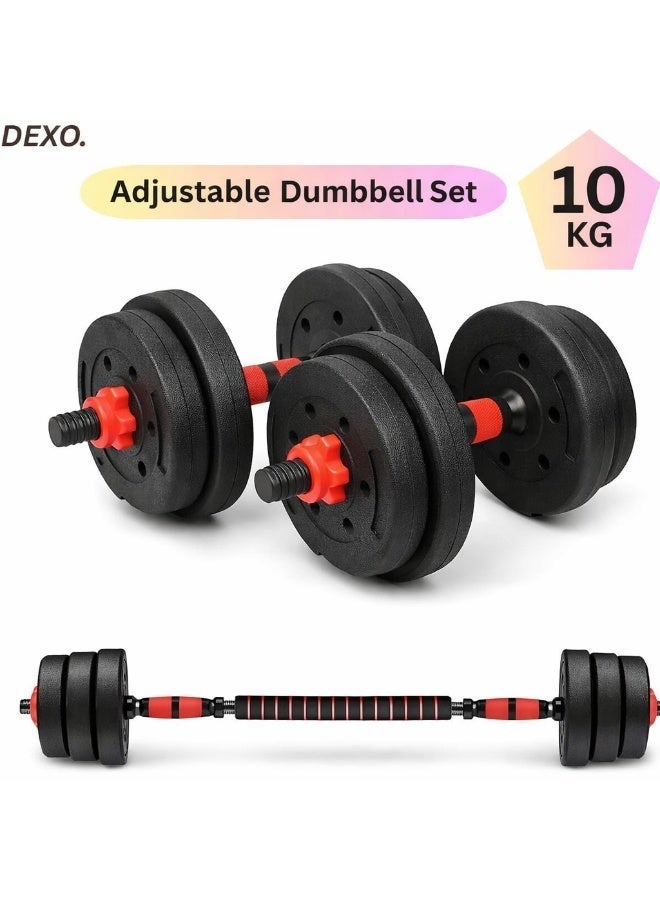 DEXO 10kg Adjustable Dumbbell Set with Spinlock Collars, Non-Slip Handles, Barbell Conversion Kit for Home Gym Strength Training - Image 1