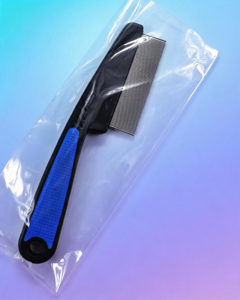 Long Handle Flea Comb Blue Stainless Steel Fine Tooth Pet Comb - Ergonomic Anti-Slip Handle For Flea Lice Removal Reduces Loose Hair for Home Dog Cat Grooming - Image 3