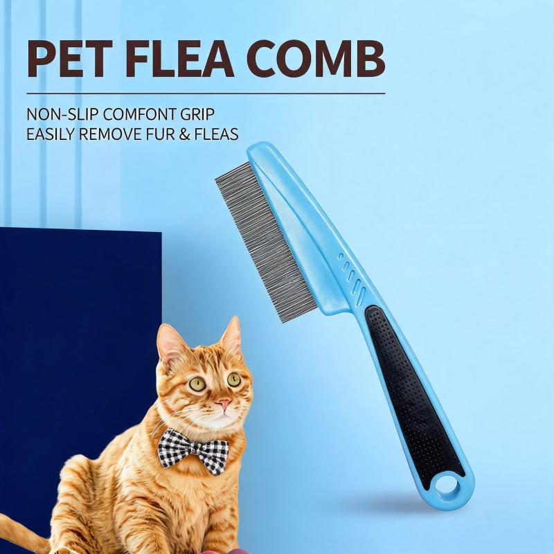 Long Handle Flea Comb Blue Stainless Steel Fine Tooth Pet Comb - Ergonomic Anti-Slip Handle For Flea Lice Removal Reduces Loose Hair for Home Dog Cat Grooming - Image 2
