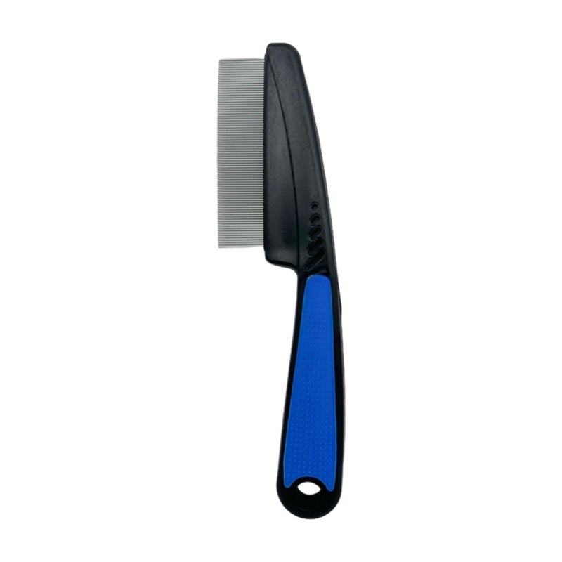 Long Handle Flea Comb Blue Stainless Steel Fine Tooth Pet Comb - Ergonomic Anti-Slip Handle For Flea Lice Removal Reduces Loose Hair for Home Dog Cat Grooming - Image 1