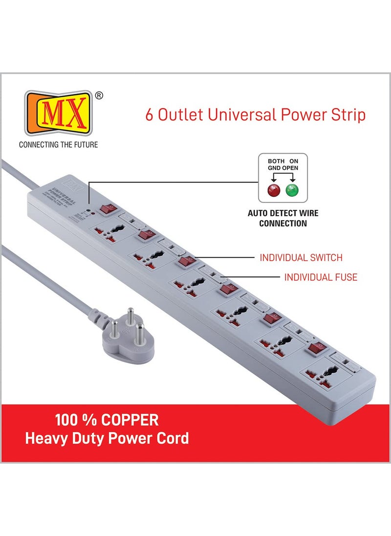 MX MX 6 Outlet Universal Power Strip Extension Board with Individual Fuse Switch for Each Socket Heavy Duty 5 mtr Power Cord with Child Saftey Shutter  - Image 5