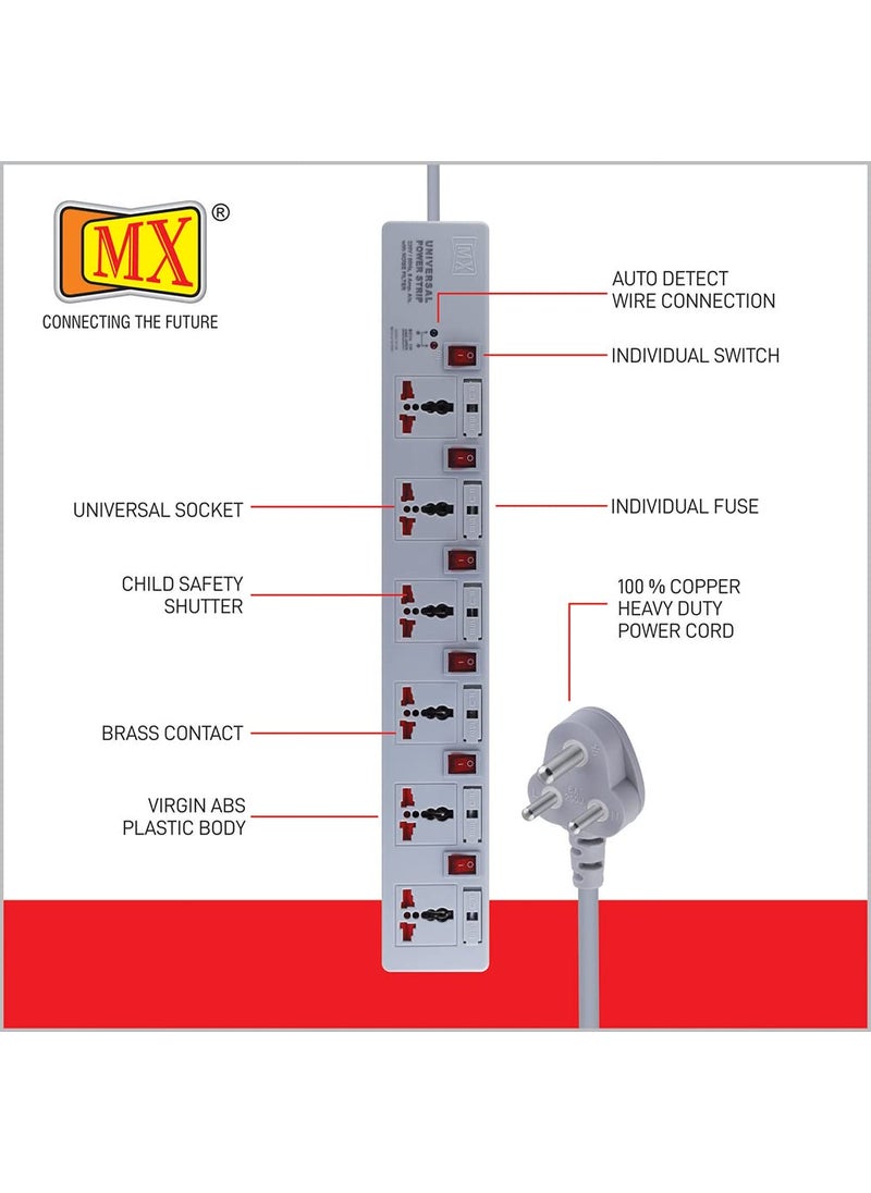 MX MX 6 Outlet Universal Power Strip Extension Board with Individual Fuse Switch for Each Socket Heavy Duty 5 mtr Power Cord with Child Saftey Shutter  - Image 3