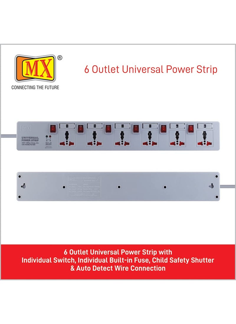 MX MX 6 Outlet Universal Power Strip Extension Board with Individual Fuse Switch for Each Socket Heavy Duty 5 mtr Power Cord with Child Saftey Shutter  - Image 2
