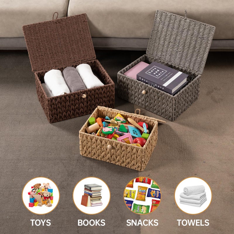 OIAHOMY Wicker Storage Basket with Lid & Lock, Lidded Storage Bins, Decorative Baskets for Organizing, Set of 2-Natural - Image 5