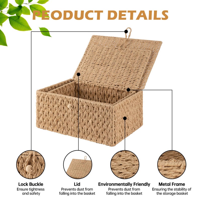 OIAHOMY Wicker Storage Basket with Lid & Lock, Lidded Storage Bins, Decorative Baskets for Organizing, Set of 2-Natural - Image 4