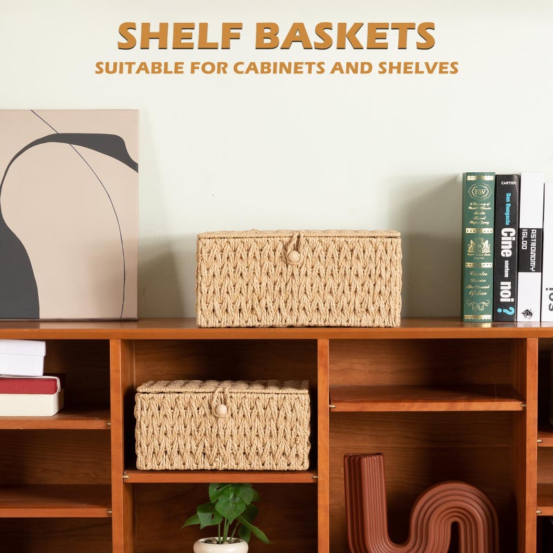 OIAHOMY Wicker Storage Basket with Lid & Lock, Lidded Storage Bins, Decorative Baskets for Organizing, Set of 2-Natural - Image 2