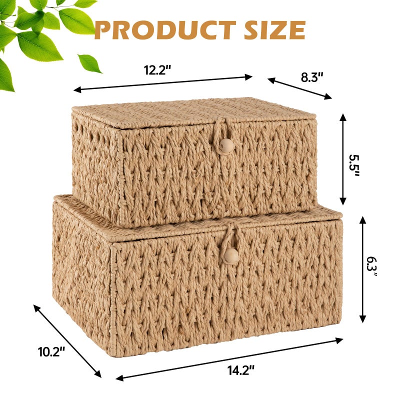 OIAHOMY Wicker Storage Basket with Lid & Lock, Lidded Storage Bins, Decorative Baskets for Organizing, Set of 2-Natural - Image 3