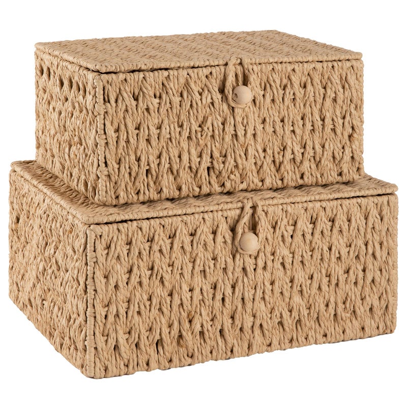 OIAHOMY Wicker Storage Basket with Lid & Lock, Lidded Storage Bins, Decorative Baskets for Organizing, Set of 2-Natural - Image 1