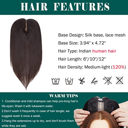 S-noilite Human Hair Toppers 130% Density Hand Made Silk Base Clip in Topper Top Hair Pieces For Women with Thinning Hair/Hair Loss Cover Gray Hair 12Inch 40g #2 Dark Brown - Image 5