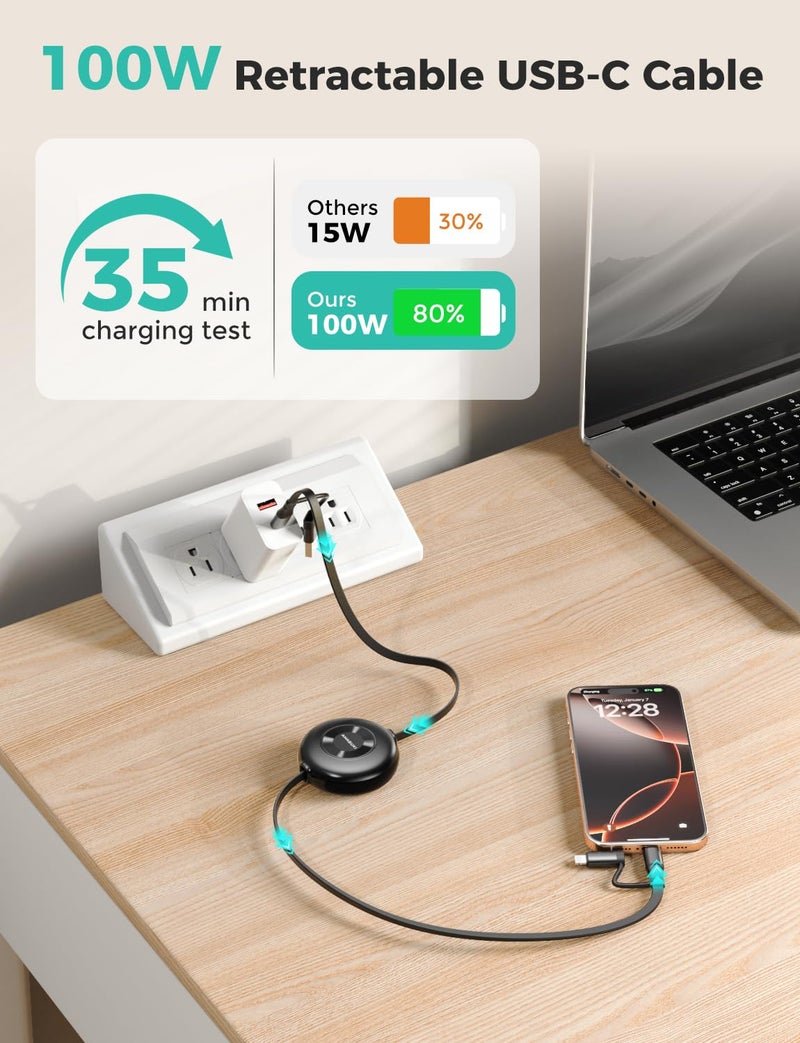 Amasuki 100W Retractable Car Charger 4 in 1 Travel Essentials Multi Charging Cable USB C/L Fast & Carplay for iPhone 16/15/14/13 iPad MacBook Samsung S24/S23+ Multiple Chargers for All Devices-2.95ft - Image 2