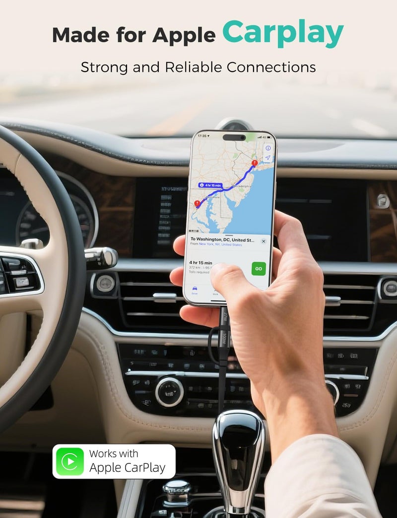 Amasuki 100W Retractable Car Charger 4 in 1 Travel Essentials Multi Charging Cable USB C/L Fast & Carplay for iPhone 16/15/14/13 iPad MacBook Samsung S24/S23+ Multiple Chargers for All Devices-2.95ft - Image 5