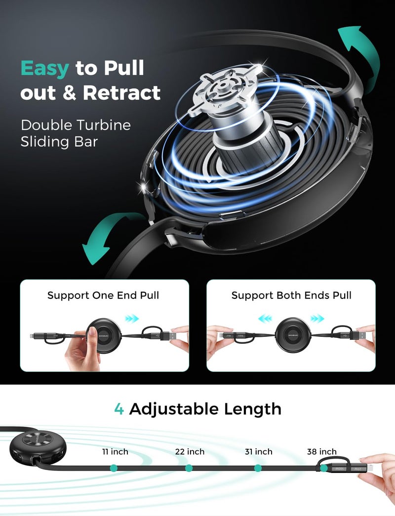 Amasuki 100W Retractable Car Charger 4 in 1 Travel Essentials Multi Charging Cable USB C/L Fast & Carplay for iPhone 16/15/14/13 iPad MacBook Samsung S24/S23+ Multiple Chargers for All Devices-2.95ft - Image 4