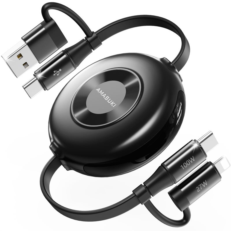 Amasuki 100W Retractable Car Charger 4 in 1 Travel Essentials Multi Charging Cable USB C/L Fast & Carplay for iPhone 16/15/14/13 iPad MacBook Samsung S24/S23+ Multiple Chargers for All Devices-2.95ft - Image 1